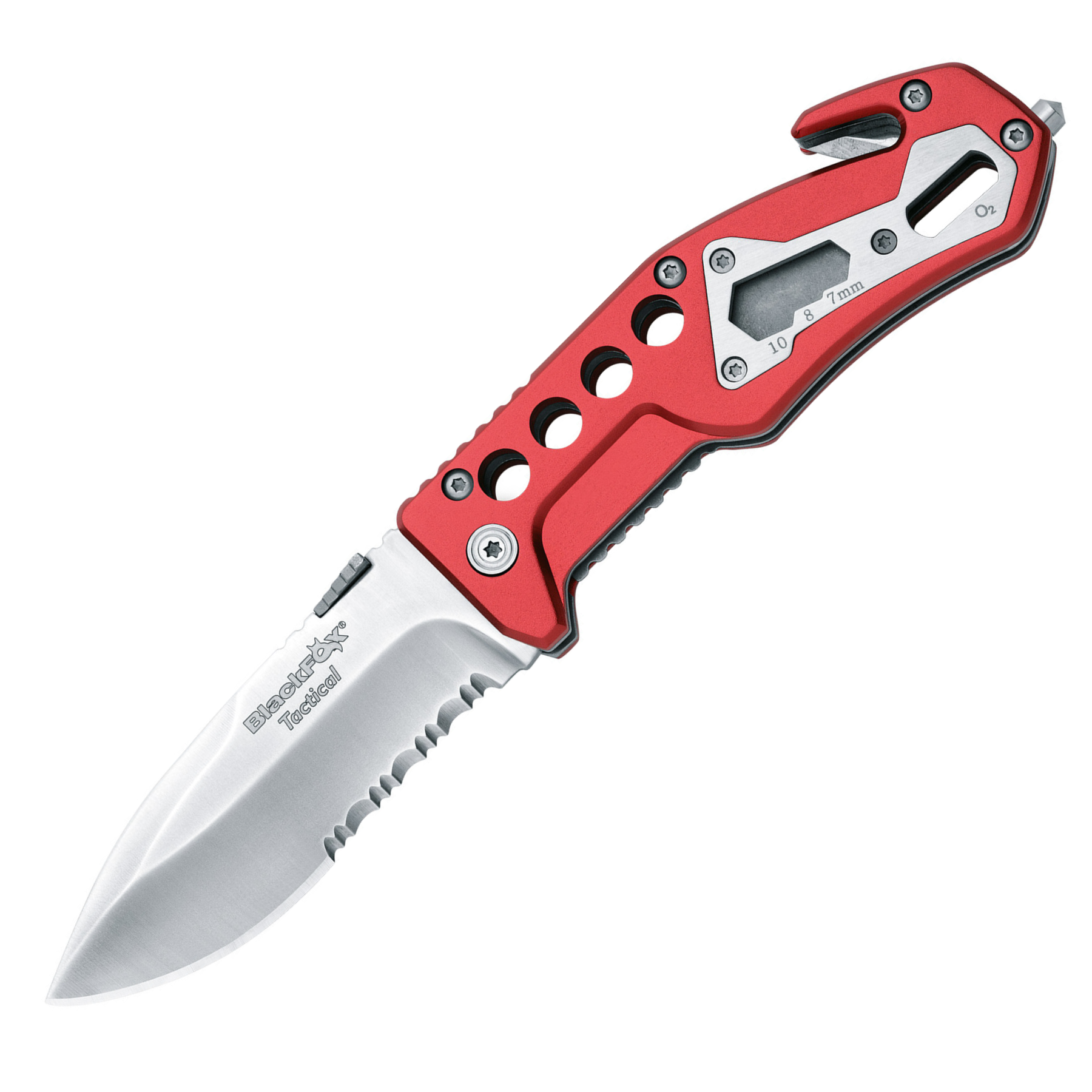 Coltello chiudibile multiuso Black Fox Tactical modelli BF-115 e BF-117 da soccorso (Rescue), lama parzialmente seghettata, manico in alluminio o G10, dotato di tagliacinture, rompi-vetro e chiave esagonale, ideale per emergenza e professionisti