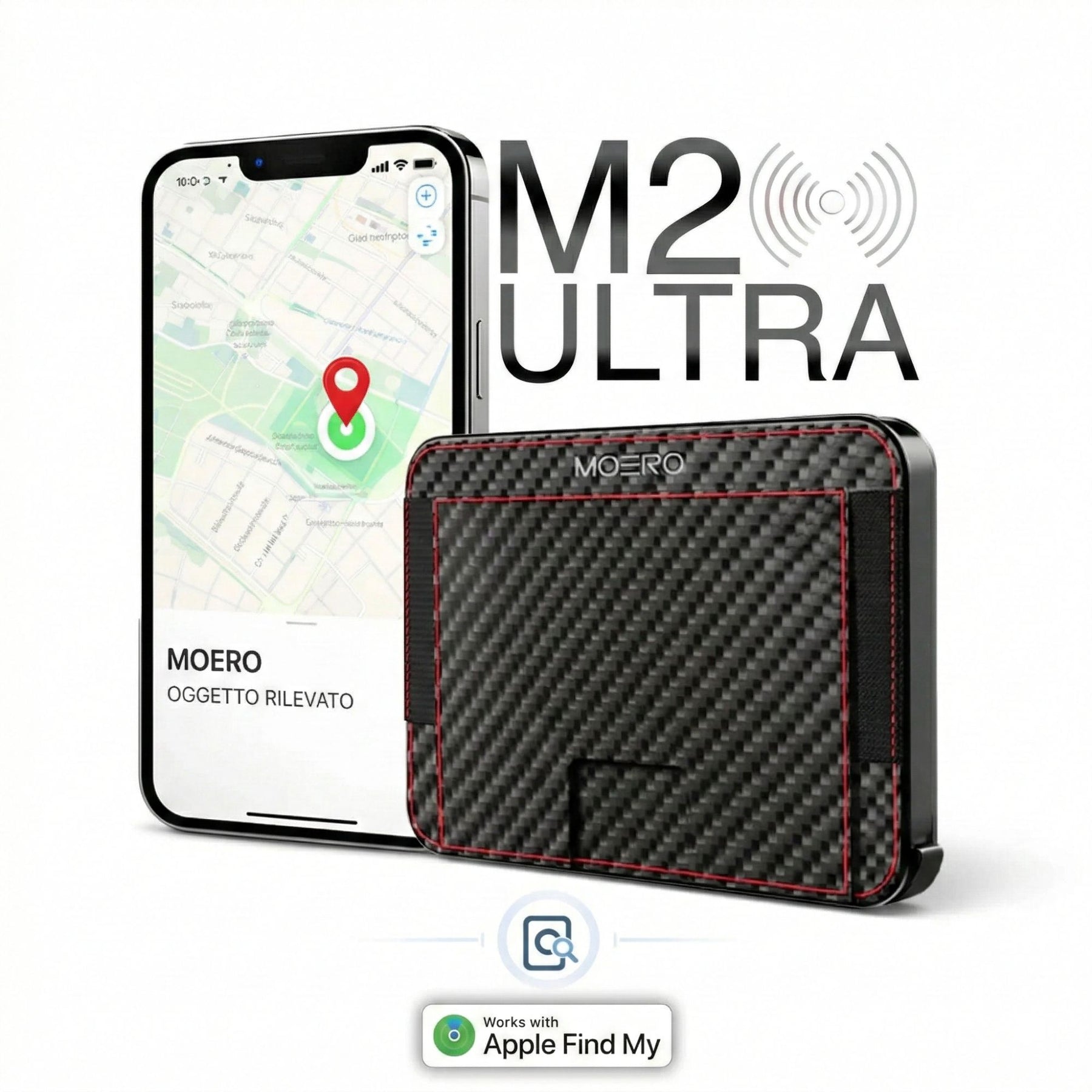 MOERO | M2 ULTRA CARBON RACING RED - Portafoglio MagSafe con localizzatore - BackPacco - BP-MOERO-M2ULTRA-CARBON-RED
