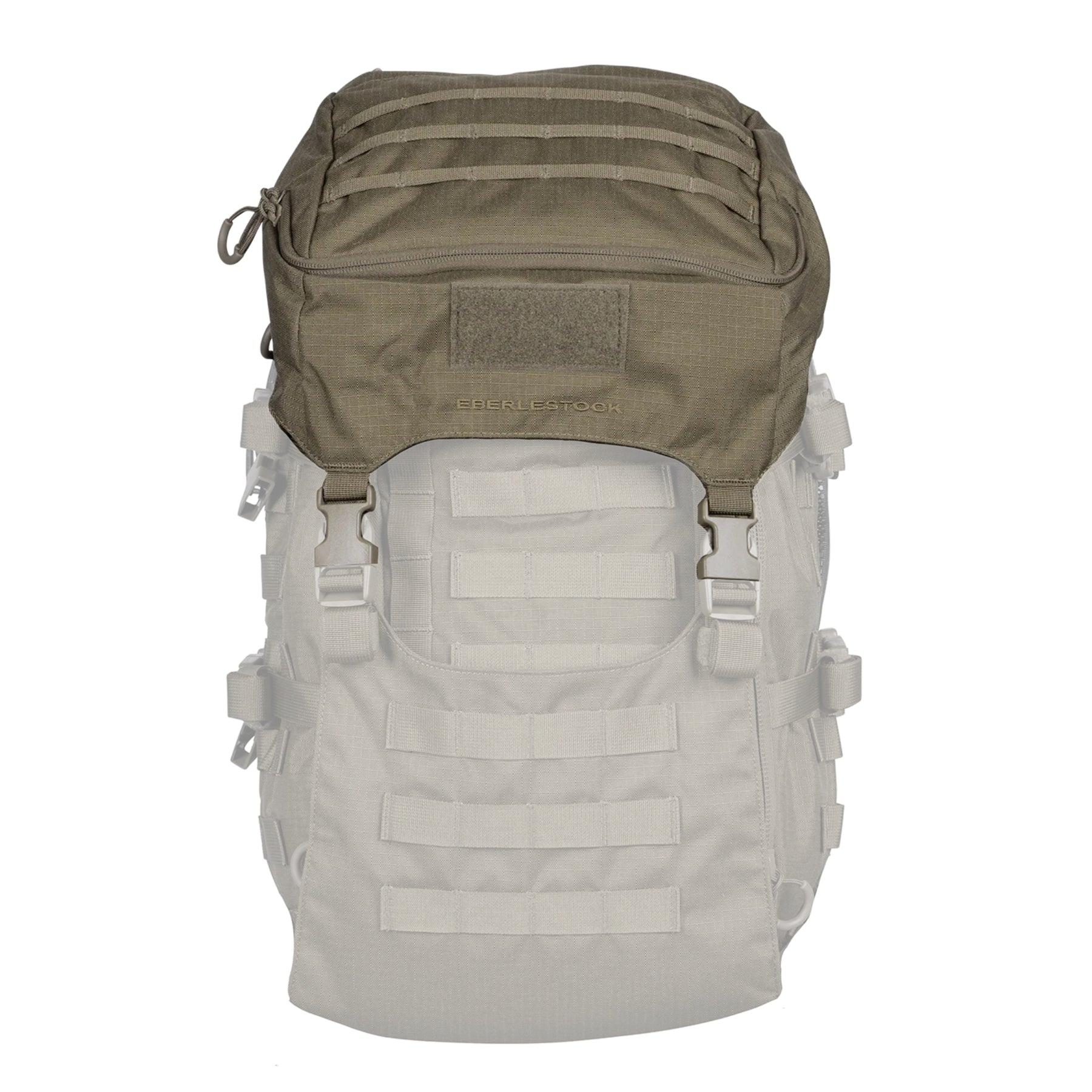 Eberlestock Mission Lid tasca superiore di espansione per sistema EMOD installata sulla parte alta di uno zaino compatibile. Il modulo mostra passanti MOLLE frontali, un inserto in velcro per patch e fibbie a sgancio rapido per l'integrazione e la regolazione del carico.