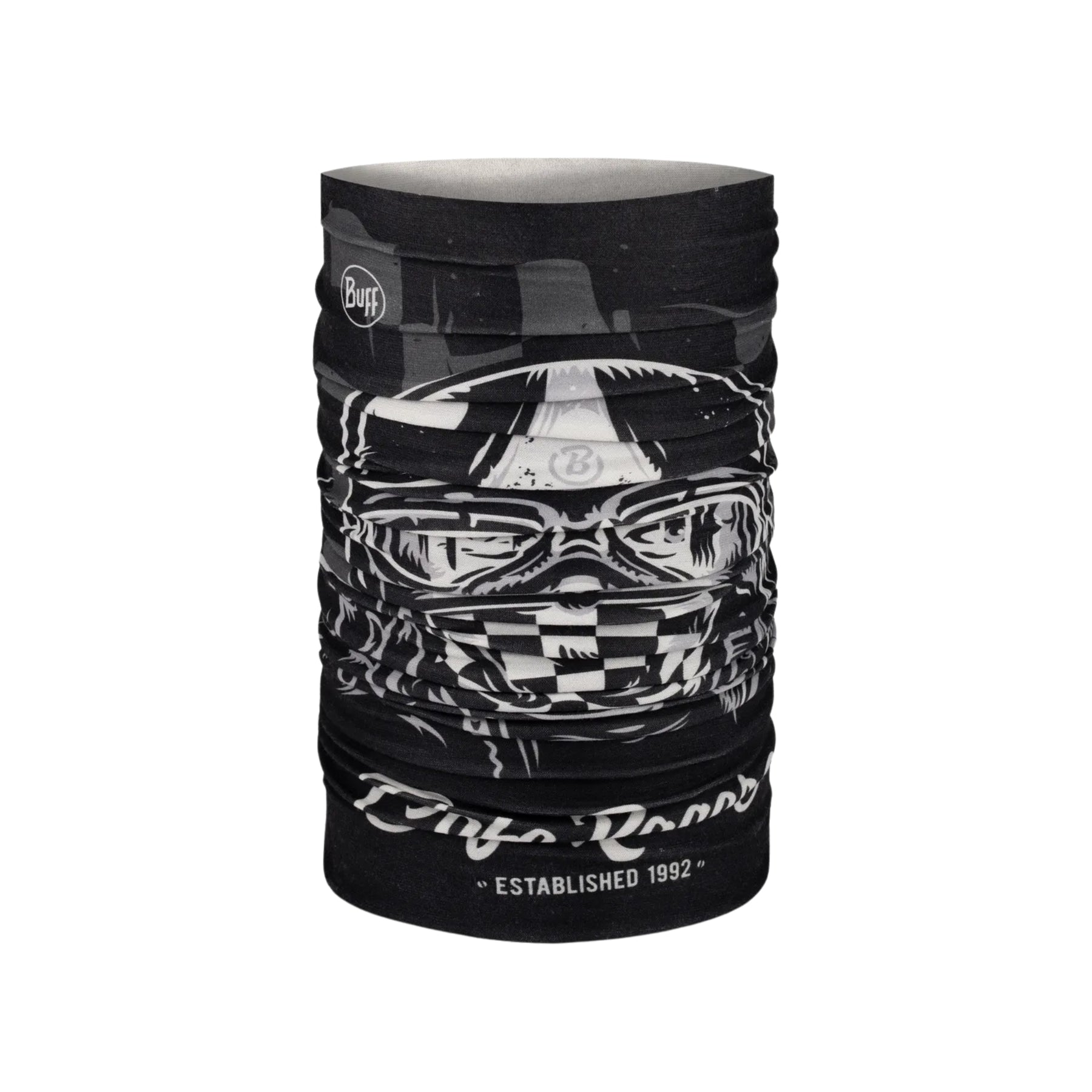 Buff Original EcoStretch Neckwear REIT BLACK scaldacollo tubolare multifunzione con protezione solare. Dettaglio del tessuto tecnico elasticizzato riciclato con grafica ispirata ai profili montuosi delle Dolomiti, posizionato in verticale su sfondo bianco per catalogo e-commerce.