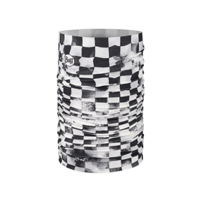 Buff Original EcoStretch Neckwear BOXX GREY scaldacollo tubolare multifunzione con protezione solare. Dettaglio del tessuto tecnico elasticizzato riciclato con grafica ispirata ai profili montuosi delle Dolomiti, posizionato in verticale su sfondo bianco per catalogo e-commerce.