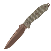 Fox Knives Audax FX-615 coltello tattico a lama fissa. Lama in acciaio Becut con finitura PVD Bronze e manico ergonomico in Micarta canvas verde. Dotato di fodero in Kydex con sistema di fissaggio versatile. Design robusto ideale per uso militare e outdoor.