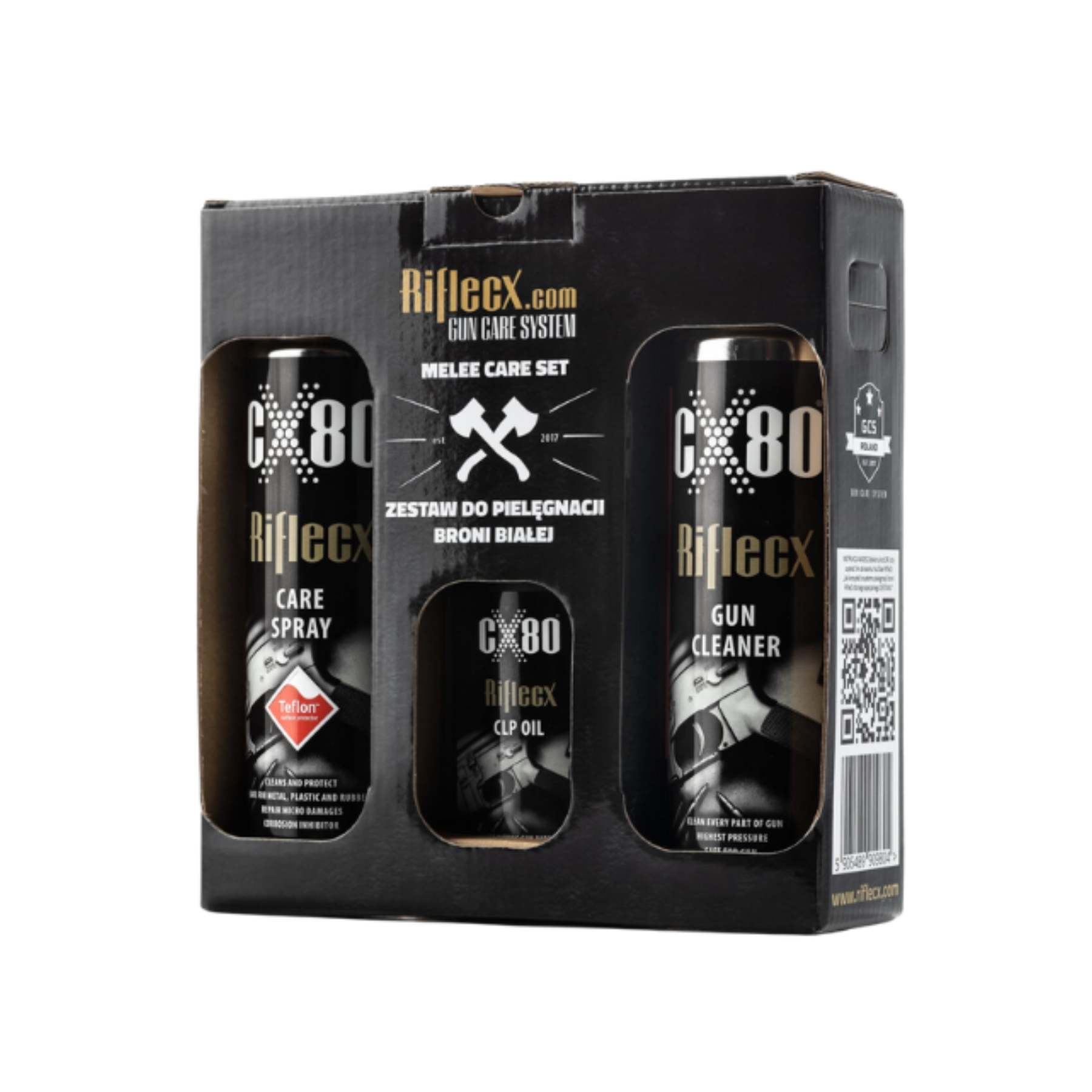 Kit di manutenzione per lame e coltelli Riflecx Melee Care Set, include Care Spray con Teflon, olio Riflecx CLP Oil e detergente Gun Cleaner, confezione regalo nera, per la pulizia, protezione e lubrificazione di armi bianche