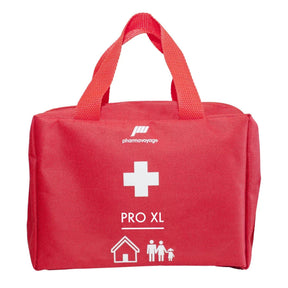 Pharmavoyage First Aid Kit Pro XL. Borsa di primo soccorso familiare in tessuto resistente con maniglie. Kit completo di bende, coperta emergenza, forbici e materiale per medicazione in scomparti organizzati. Soluzione medica portatile per casa e viaggi di gruppo.