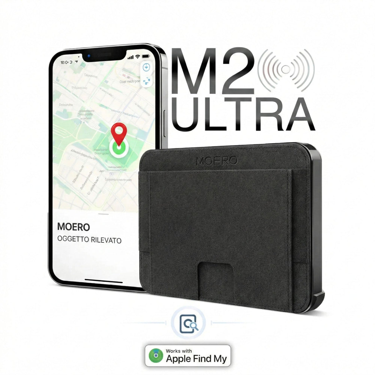 MOERO | M2 ULTRA ALCANTARA BLACK - Portafoglio MagSafe con localizzatore - BackPacco - BP-MOERO-M2ULTRA-ALCANTARA-BLK
