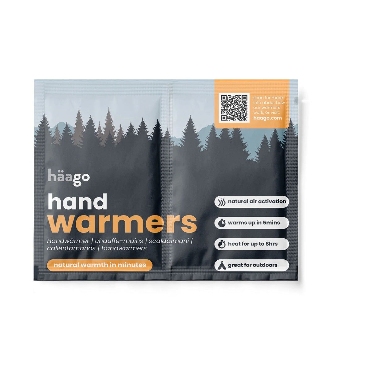 Häago Hand Warmers scaldamani a attivazione naturale con aria. Confezione bipacco con grafica di foresta di pini. Riscaldamento in 5 minuti, calore costante fino a 8 ore. Ideali per attività all'aperto, sport invernali e tempo libero.