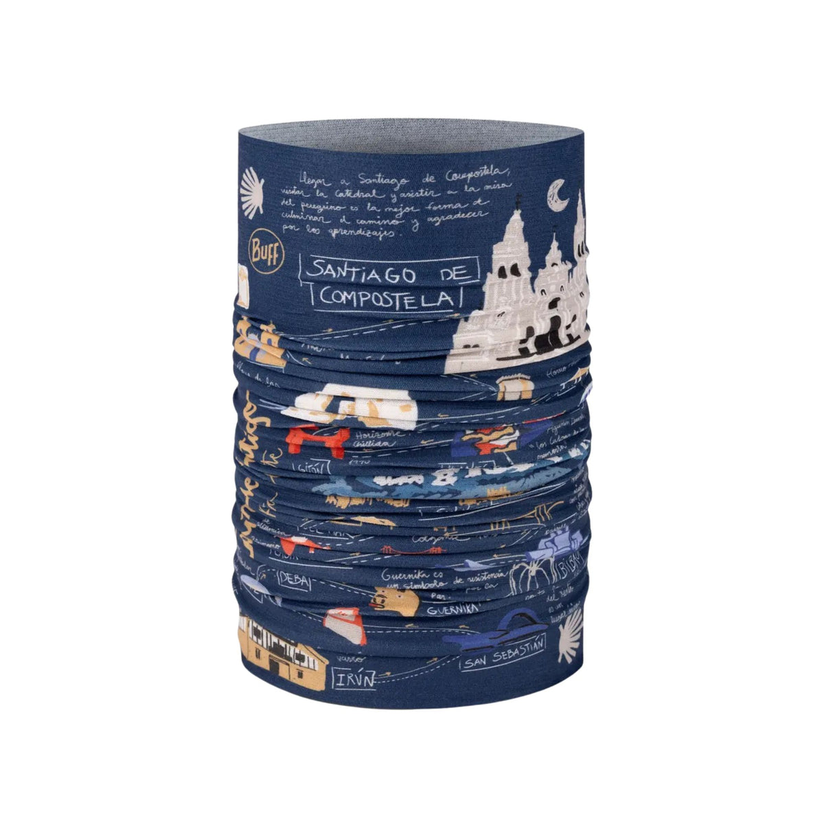 Buff CoolNet UV Neckwear Camino Norte Navy Scaldacollo tubolare con protezione solare UPF 50 e tecnologia rinfrescante. Tessuto elastico e traspirante con grafica dedicata a Santiago de Compostela e al Cammino del Nord. Accessorio multifunzionale per escursionismo e attività all'aperto.