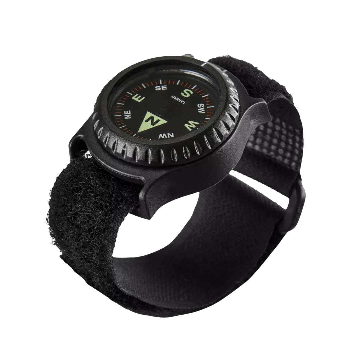 Bussola da polso tattica Helikon-Tex T25 Wrist Compass, quadrante nero con indicazioni verdi luminose, cinturino regolabile in velcro nero, ideale per navigazione rapida e discreta in ambienti militari e outdoor