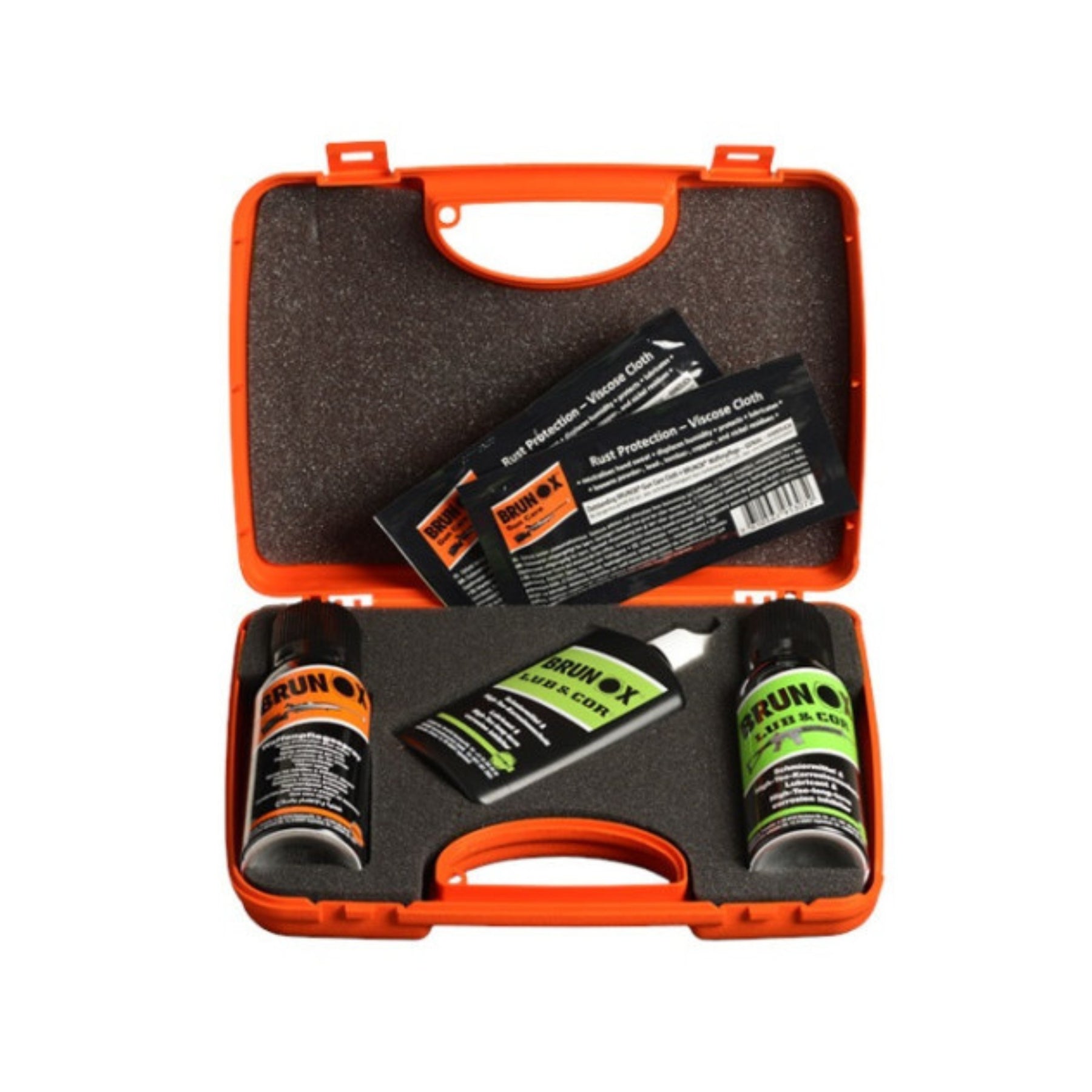 Brunox Gun Care Box kit di manutenzione armi con valigetta rigida panni protettivi antiruggine in viscosa flacone Lub & Cor e spray lubrificante per la pulizia e protezione di pistole e fucili