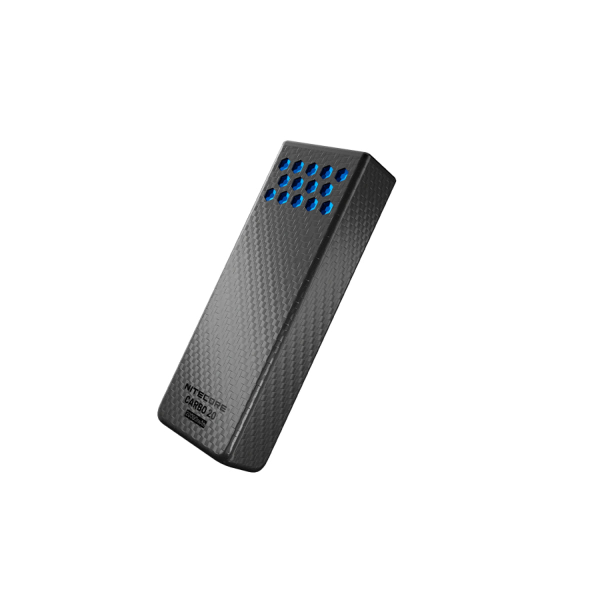 Nitecore Carbo 20 power bank ultraleggero in fibra di carbonio da 20000mAh. Scocca resistente con trama a nido d'ape e indicatori luminosi di carica, ideale come riserva di energia per dispositivi durante trekking ed escursioni outdoor.