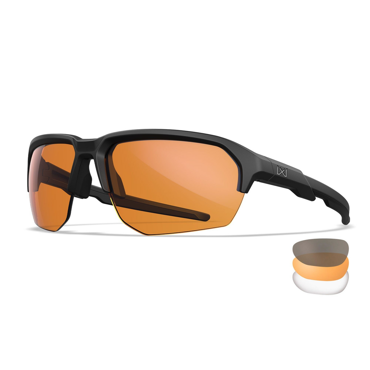Occhiali da sole balistici Wiley X WX JAKL CHJKL08 con lenti intercambiabili CAPTIVATE Grey, Clear e Rust, montatura Nero Opaco in nylon Triloid™, protezione UV 100%, certificazione ANSI Z87.1+ per impatti ad alta velocità, ideali per attività tattiche e outdoor, su backpacco.it