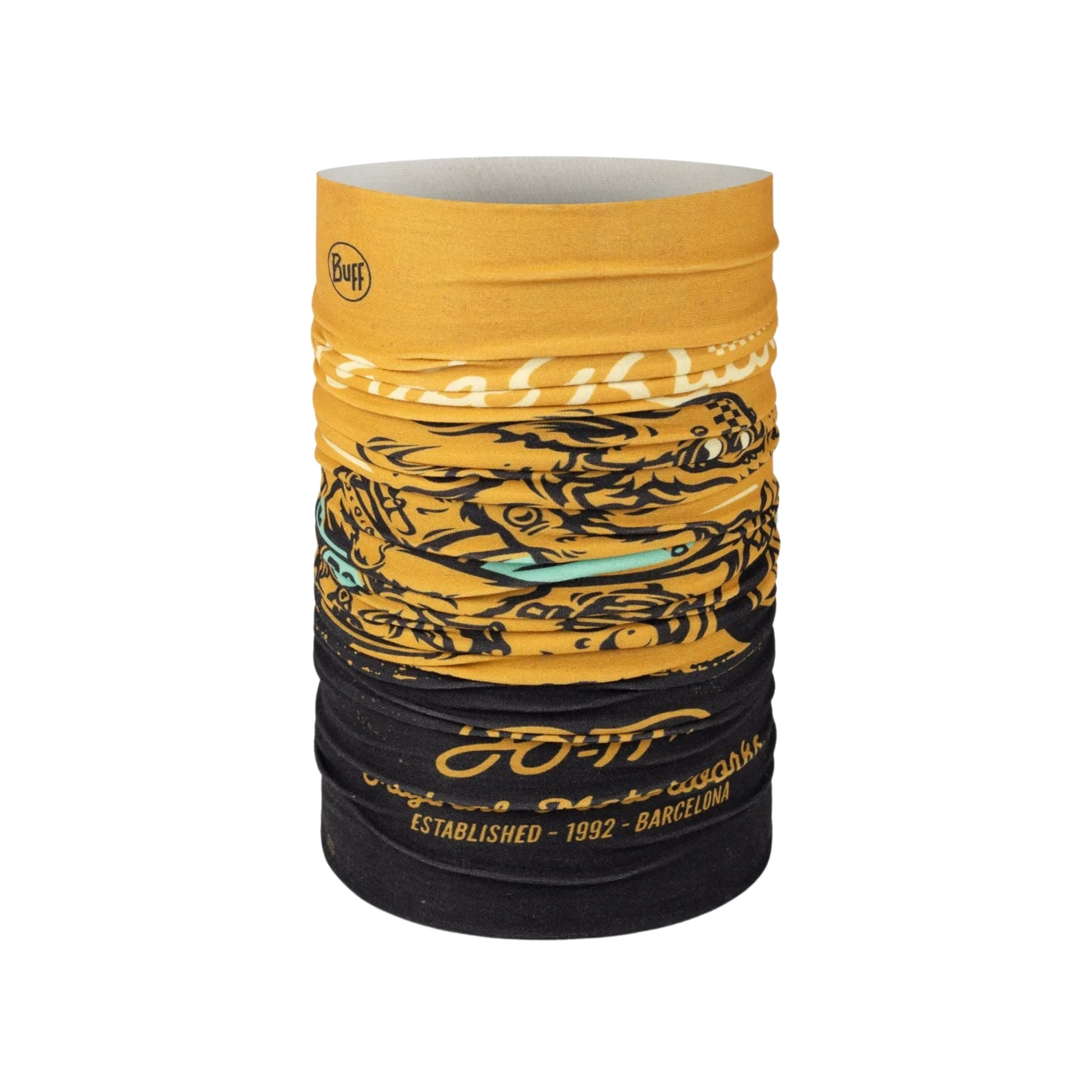Buff Original EcoStretch Neckwear CIFE MULTI scaldacollo tubolare multifunzione con protezione solare. Dettaglio del tessuto tecnico elasticizzato riciclato con grafica ispirata ai profili montuosi delle Dolomiti, posizionato in verticale su sfondo bianco per catalogo e-commerce.