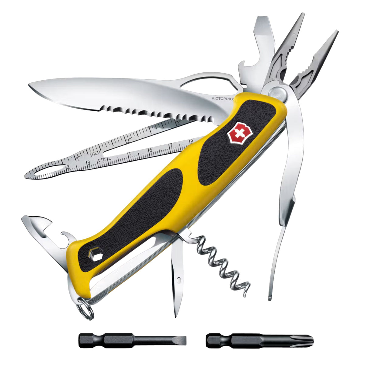 Victorinox Ranger Boatsman MW Grip multitool nautico con lama seghettata ad apertura facilitata, pinza, sciogli-nodi e righello. Impugnatura ergonomica bimateriale antiscivolo con punte bit incluse, progettato per la navigazione e l'uso professionale in mare.