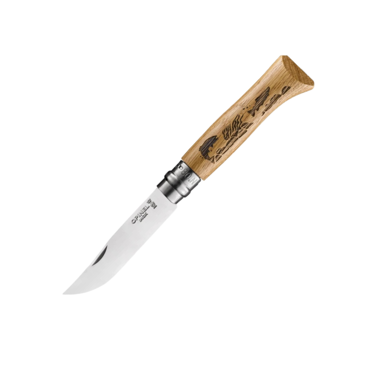 Opinel N 08 Animalia Pesce Coltello chiudibile con lama in acciaio inossidabile e manico in legno di quercia inciso al laser con sagoma di trota e motivi acquatici dotato di ghiera di sicurezza Virobloc ideale per pesca outdoor e appassionati di natura
