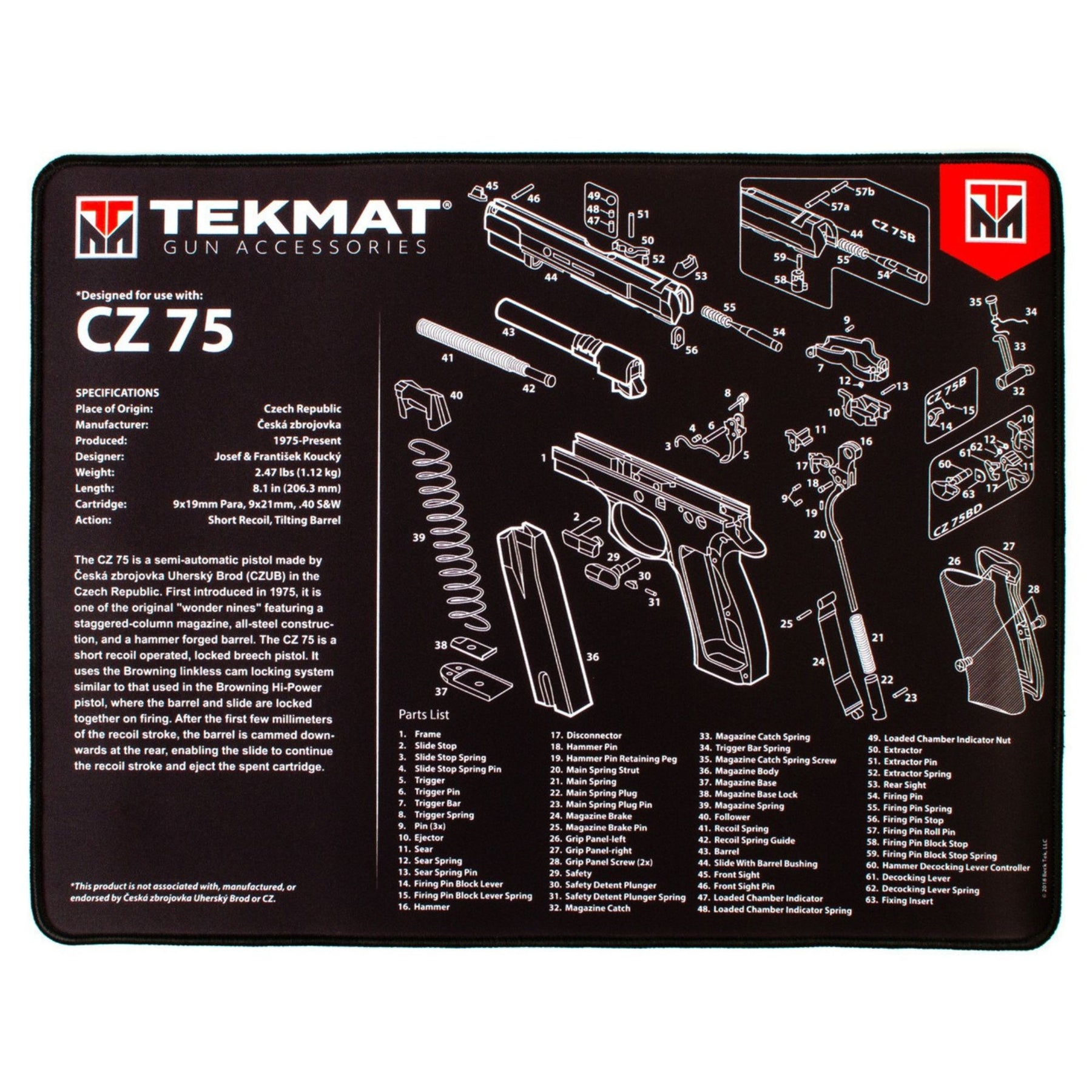 TEKMAT | CZ 75 ULTRA PREMIUM GUN CLEANING MAT - Tappetino per manutenzione armi - BackPacco - BP-TEKMAT-R20-CZ75