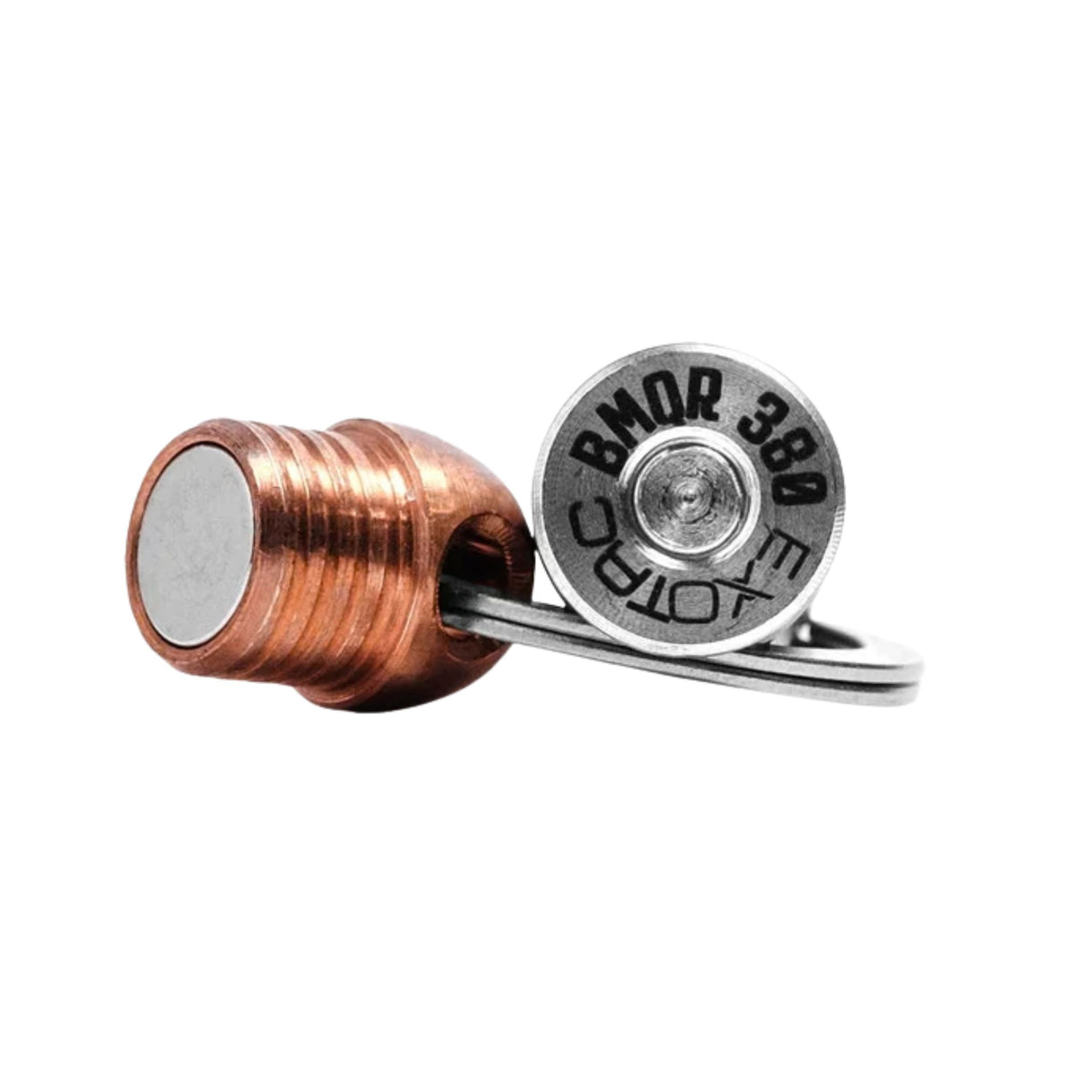 Exotac BMQR .380 Portachiavi a sgancio rapido magnetico con corpo in rame e acciaio inossidabile. Accessorio EDC compatto per organizzazione chiavi con attacco sicuro e design ispirato ai bossoli.