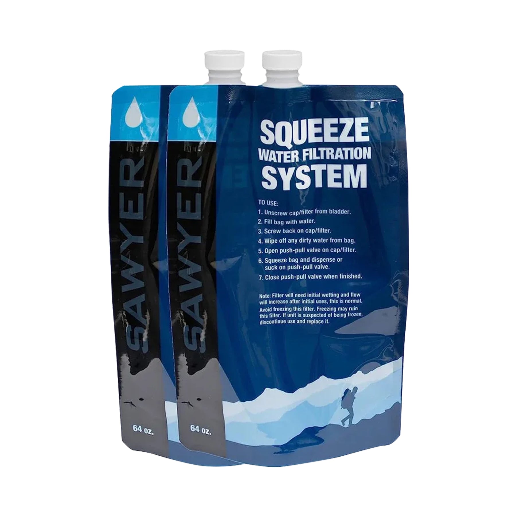 Sawyer Squeezable Pouch 1.9 L Set di due sacche flessibili comprimibili da 64 oz di ricambio per sistema di filtrazione acqua. Accessorio essenziale per purificazione acqua outdoor e trekking.