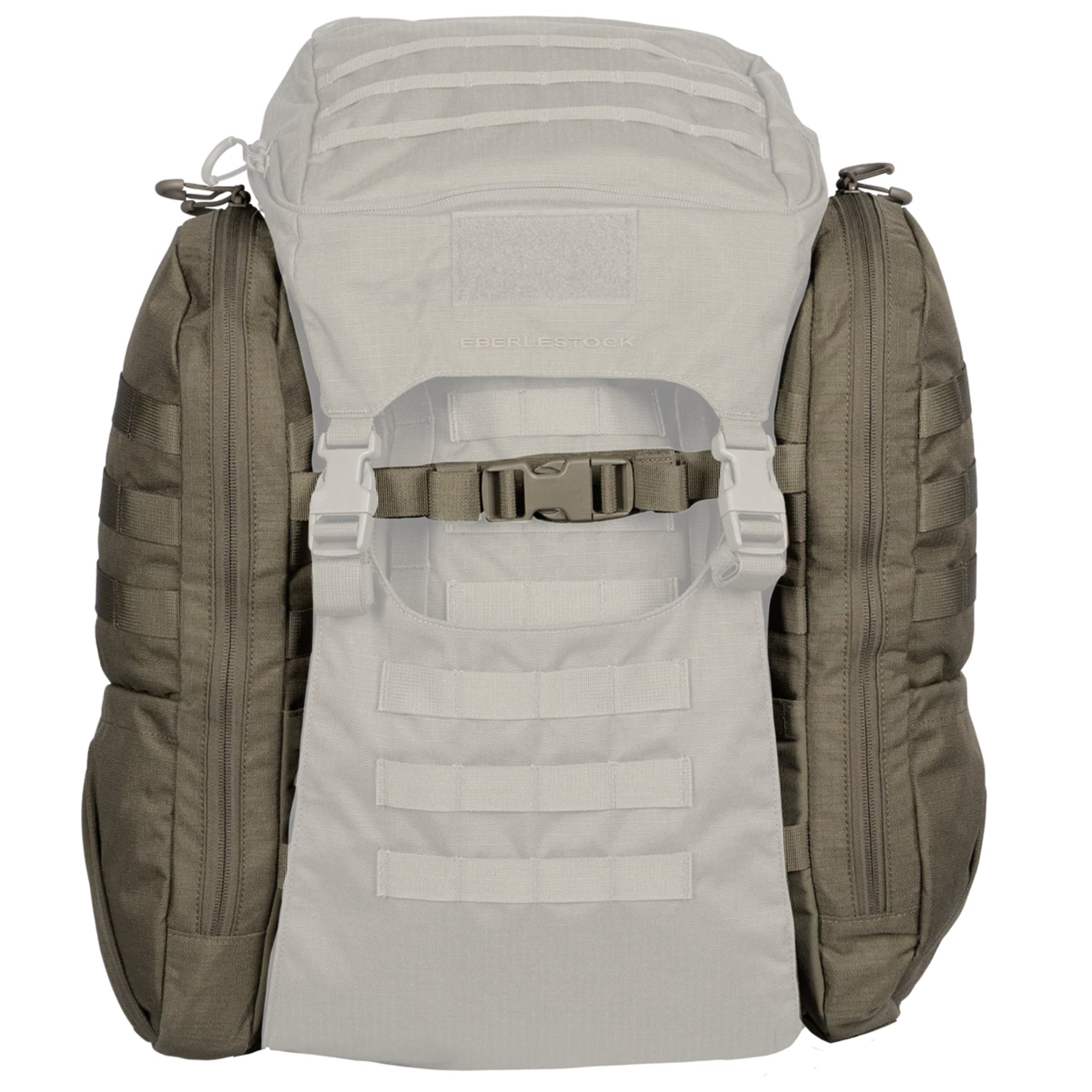 Eberlestock Mission Wings moduli laterali di espansione per sistema EMOD accoppiati a uno zaino principale. I due borsoni verticali con cerniere e passanti MOLLE sono evidenziati per mostrare l'incremento di volume e l'organizzazione tattica del carico aggiuntivo.