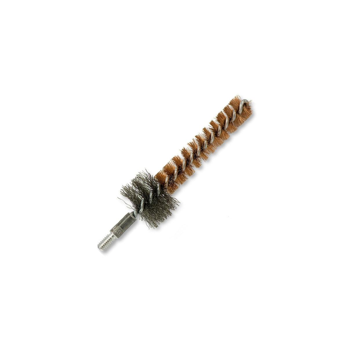Bore Tech Bronze SS Chamber Brushes scovolino per la pulizia profonda della camera di cartuccia di carabine e armi da fuoco con setole in bronzo e acciaio inossidabile e nucleo rinforzato per manutenzione e rimozione di residui ostinati su sfondo bianco.