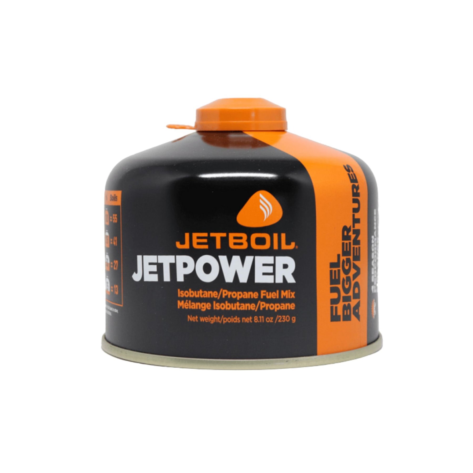 Jetboil Jetpower Fuel. Cartuccia gas 4 stagioni miscela Isobutano/Propano ad alto rendimento. Attacco filettato standard per fornelli outdoor. Disponibile nei formati 100g, 230g e 450g. Garantisce pressione costante e massima efficienza calorica anche a basse temperature.
