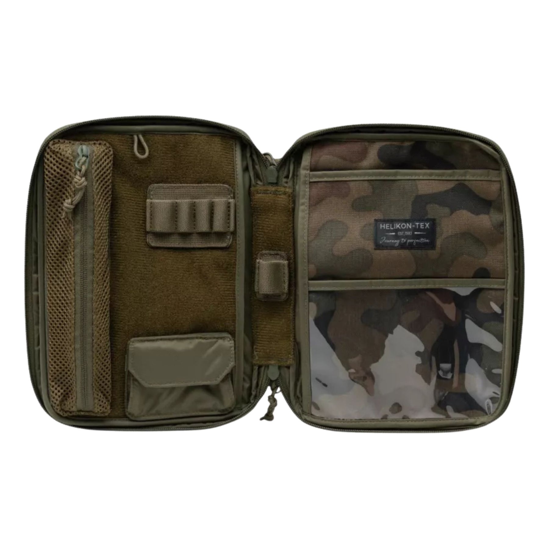 Helikon-Tex A5 Notebook Cover pouch EDC in Cordura con ampio pannello frontale in velcro e logo del brand, chiusura a cerniera superiore e tiretti in paracord. Organizer tattico portadocumenti e per accessori.