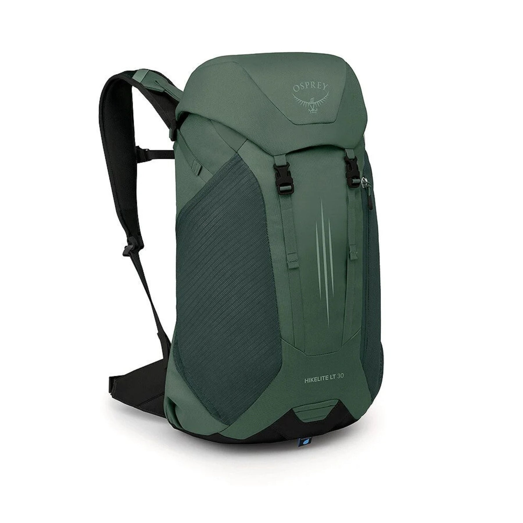 Osprey Hikelite LT 30 Zaino da 30 L ultraleggero da trekking ed escursionismo con schienale ventilato AirSpeed, tasche laterali in rete elasticizzata, spallacci ergonomici e chiusura a cappuccio con fibbie per outdoor su sfondo bianco.