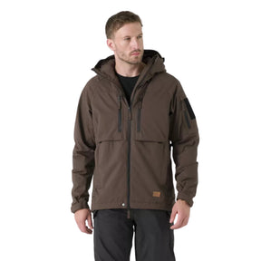 Helikon-Tex Winter Yukon Jacket giacca invernale tecnica con cappuccio regolabile imbottito, zip frontale a doppio cursore, tasche pettorali con cerniera, pannello a strappo sulla manica e fondo regolabile vista a tre quarti per outdoor