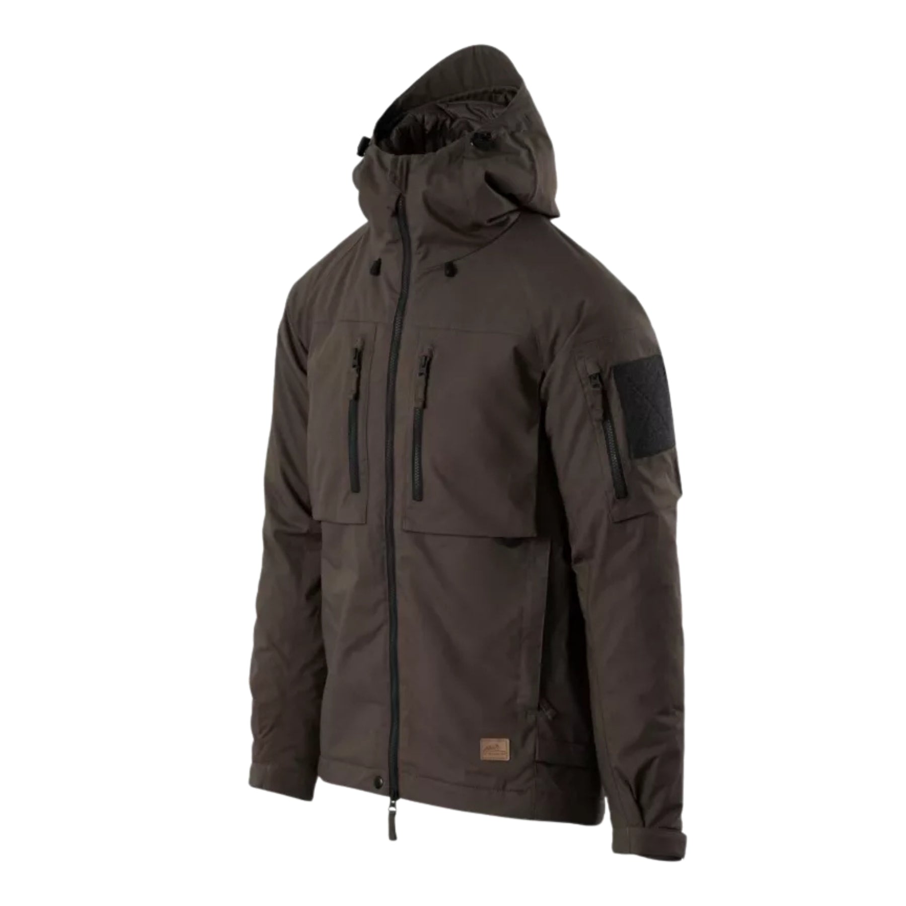 Helikon-Tex Winter Yukon Jacket giacca invernale tecnica con cappuccio regolabile imbottito, zip frontale a doppio cursore, tasche pettorali con cerniera, pannello a strappo sulla manica e fondo regolabile vista a tre quarti per outdoor