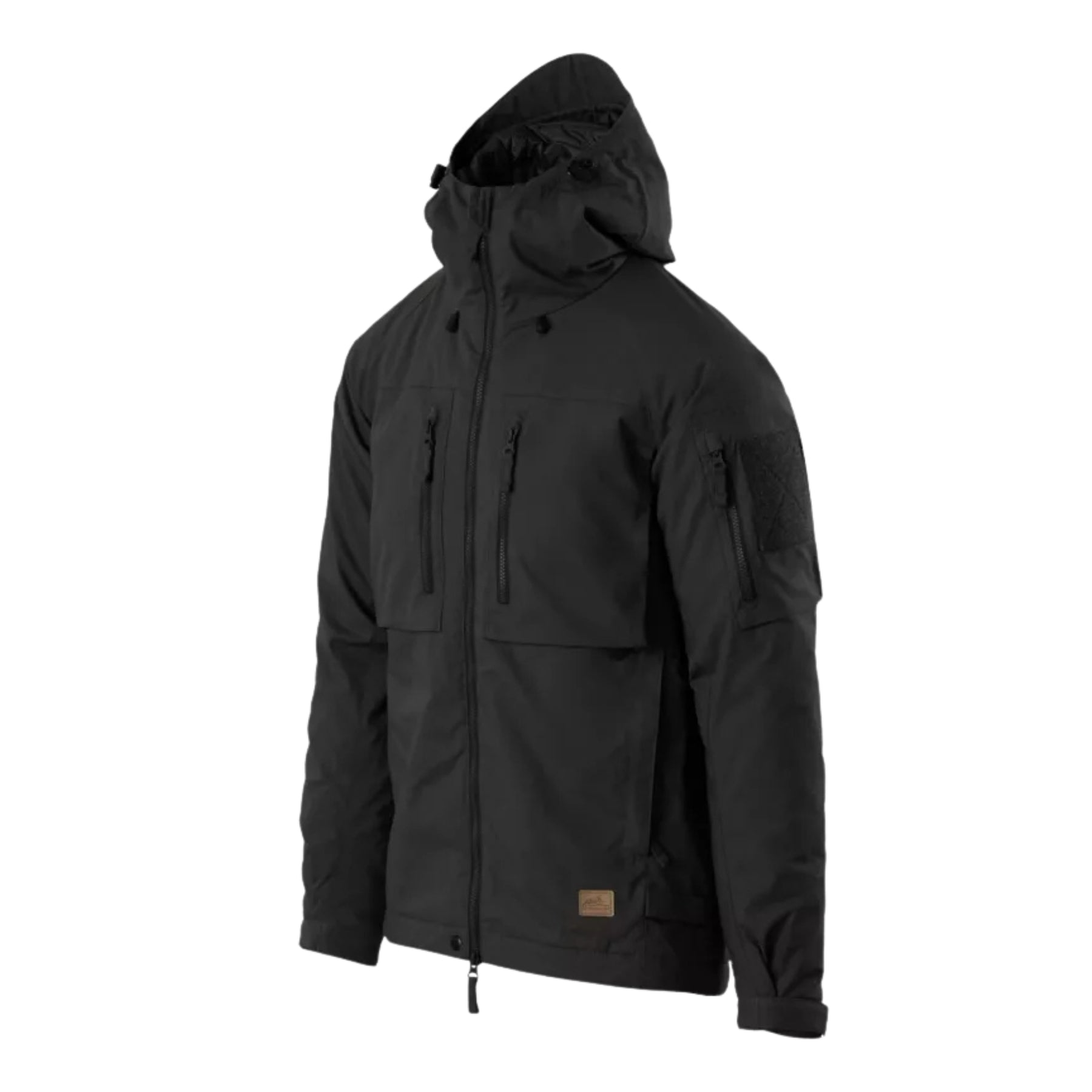 Helikon-Tex Winter Yukon Jacket giacca invernale tecnica con cappuccio regolabile imbottito, zip frontale a doppio cursore, tasche pettorali con cerniera, pannello a strappo sulla manica e fondo regolabile vista a tre quarti per outdoor