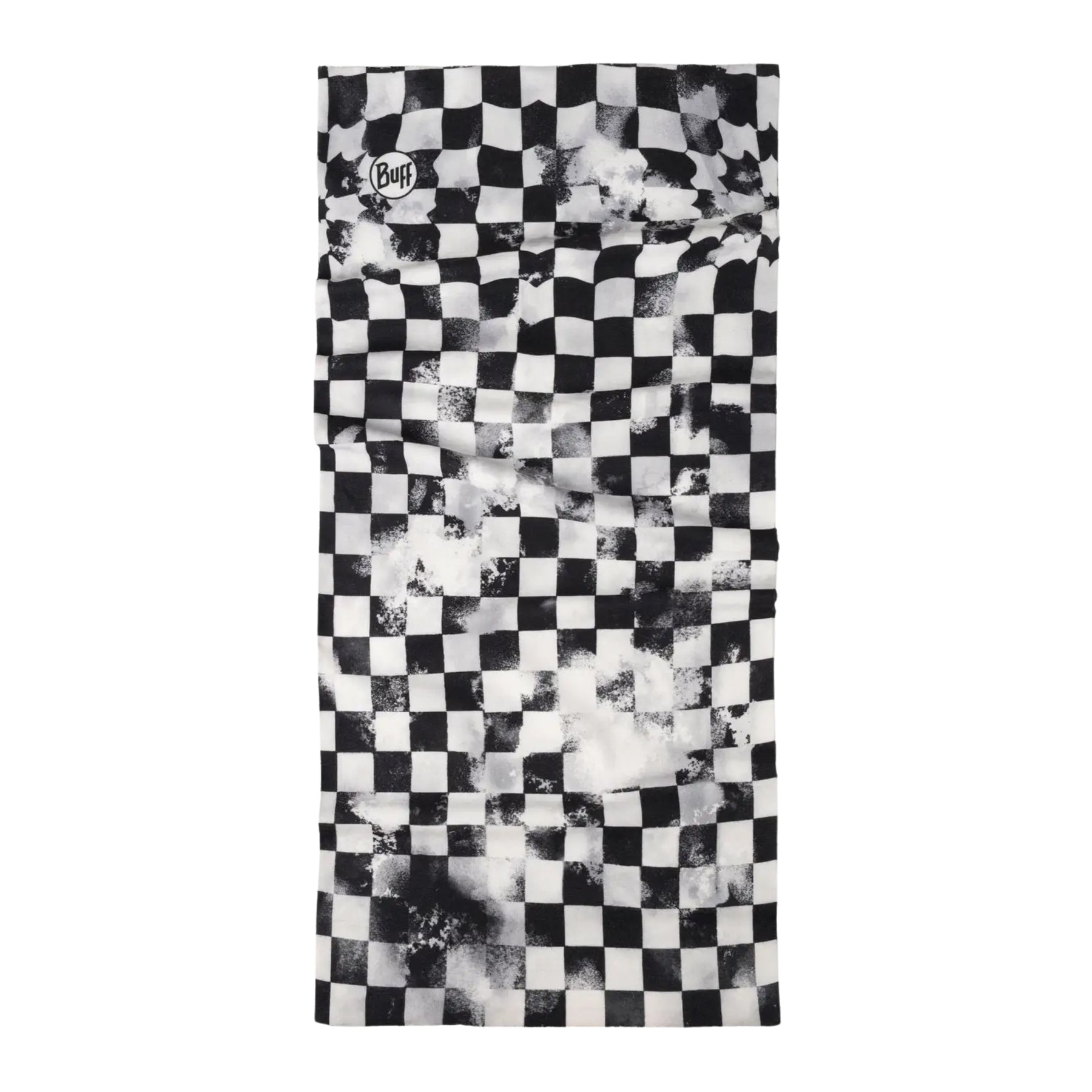 Buff Original EcoStretch Neckwear BOXX GREY scaldacollo tubolare multifunzione con protezione solare. Dettaglio del tessuto tecnico elasticizzato riciclato con grafica ispirata ai profili montuosi delle Dolomiti, posizionato in verticale su sfondo bianco per catalogo e-commerce.