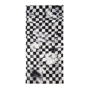 Buff Original EcoStretch Neckwear BOXX GREY scaldacollo tubolare multifunzione con protezione solare. Dettaglio del tessuto tecnico elasticizzato riciclato con grafica ispirata ai profili montuosi delle Dolomiti, posizionato in verticale su sfondo bianco per catalogo e-commerce.