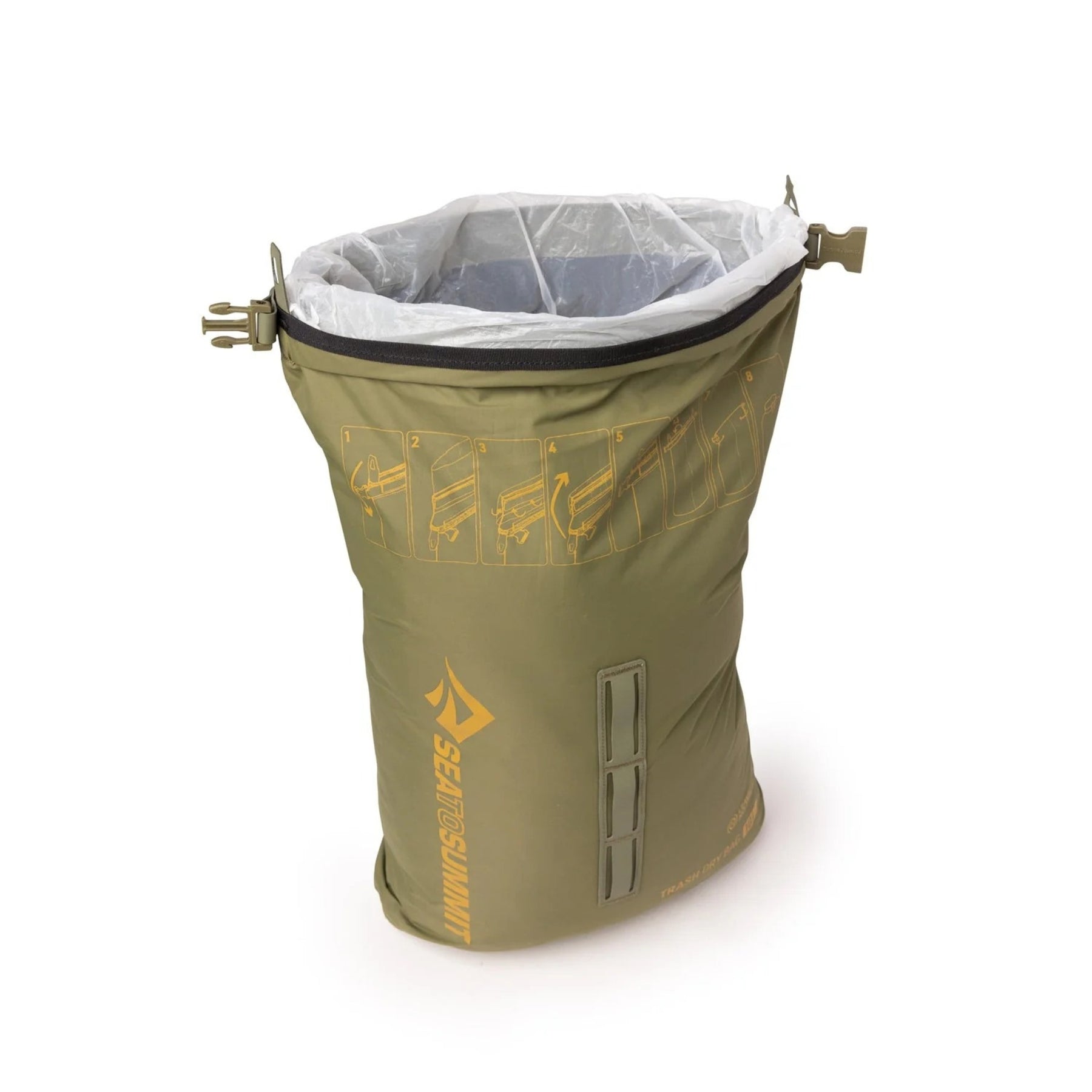Sea to Summit Trash Dry Bag 10L sacca stagna impermeabile per la gestione dei rifiuti durante escursioni e bushcraft. Dotata di chiusura roll-top, passanti per il fissaggio esterno allo zaino e rivestimento interno per sacchetti monouso, ideale per la filosofia Leave No Trace.