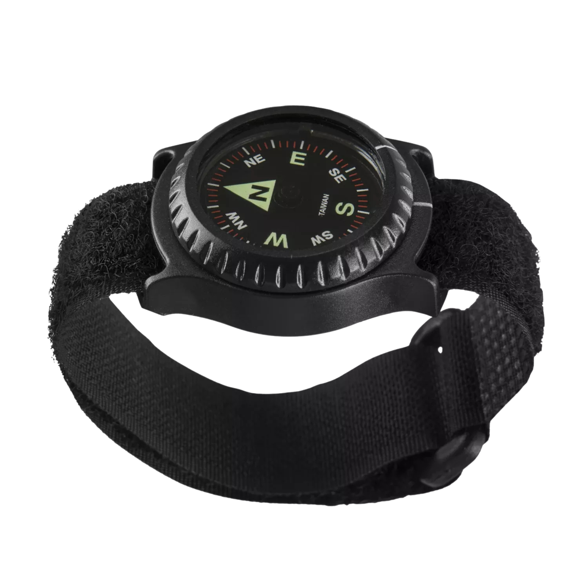Bussola da polso tattica Helikon-Tex T25 Wrist Compass, quadrante nero con indicazioni verdi luminose, cinturino regolabile in velcro nero, ideale per navigazione rapida e discreta in ambienti militari e outdoor