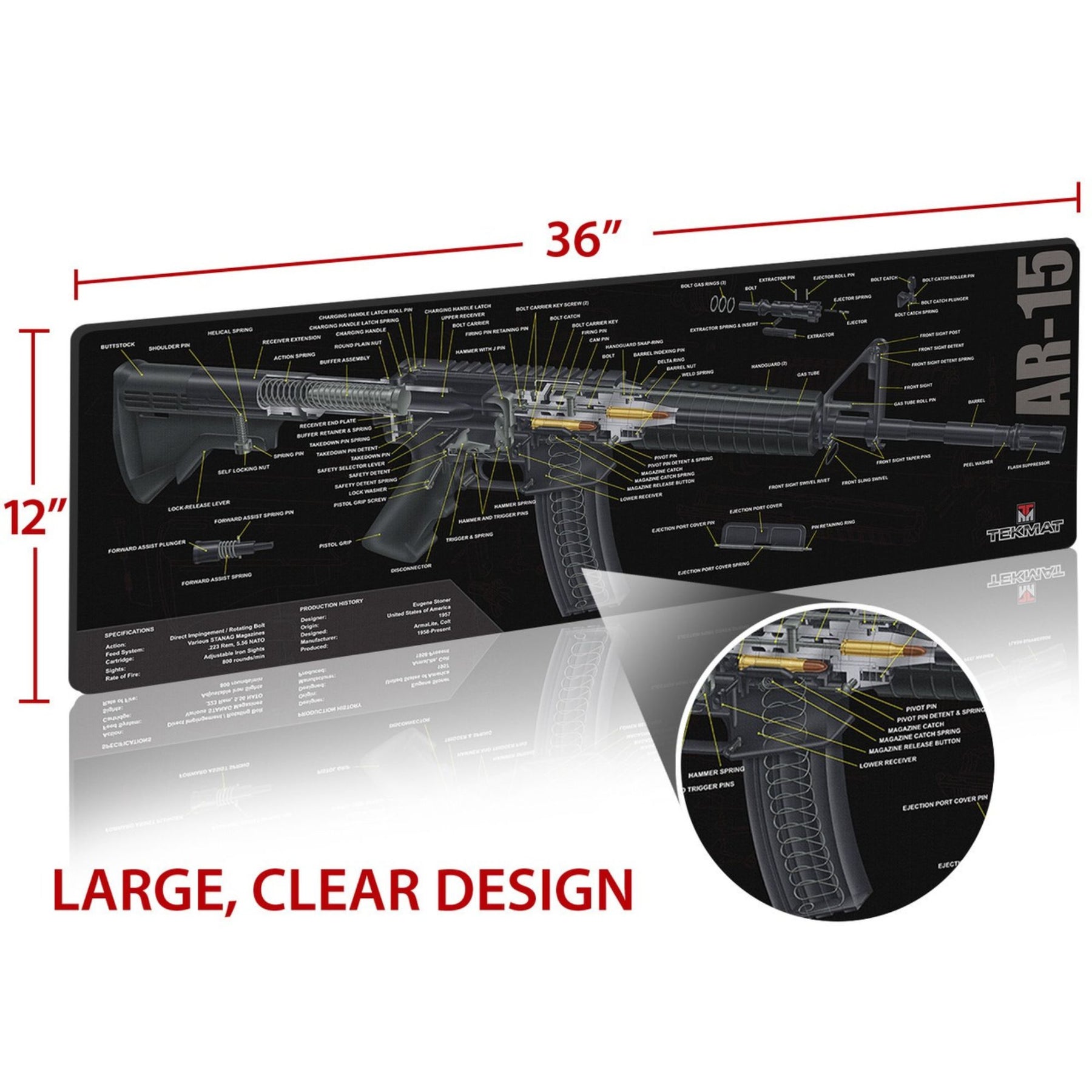 TekMat AR15 Cut Away tappetino per manutenzione armi con diagramma spaccato tecnico esploso componenti e specifiche del fucile per banco da lavoro e pulizia