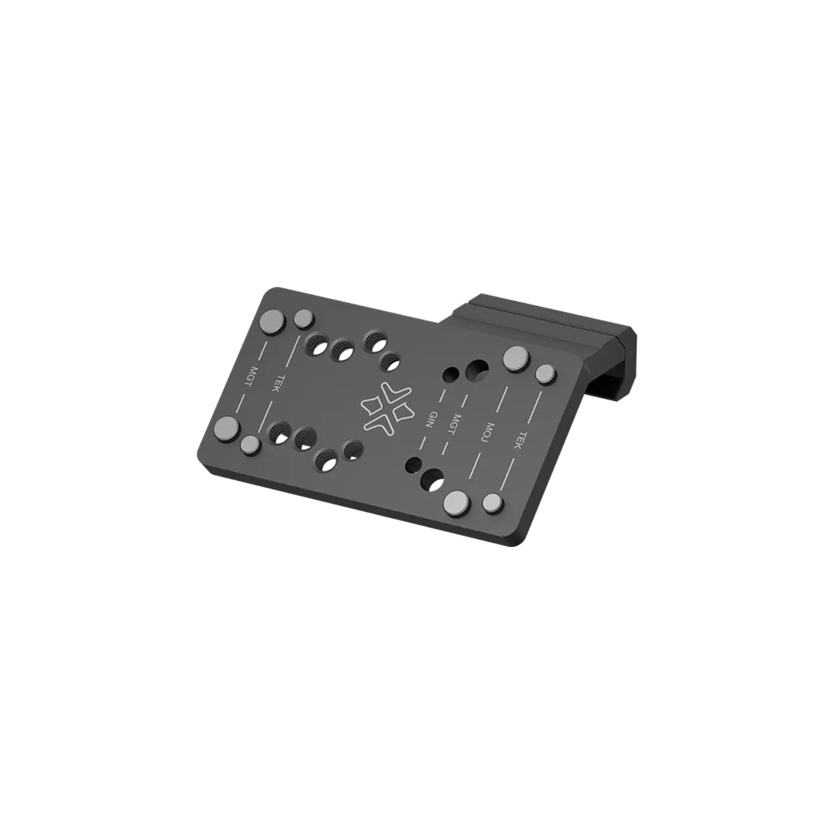 Vector Optics Universal Offset Mount supporto inclinato 45 gradi per red dot. Piastra multiforo compatibile con diversi footprint standard per installazione su slitte Picatinny. Struttura in alluminio ideale per configurare sistemi di mira secondaria e gestire transizioni rapide nel tiro dinamico.