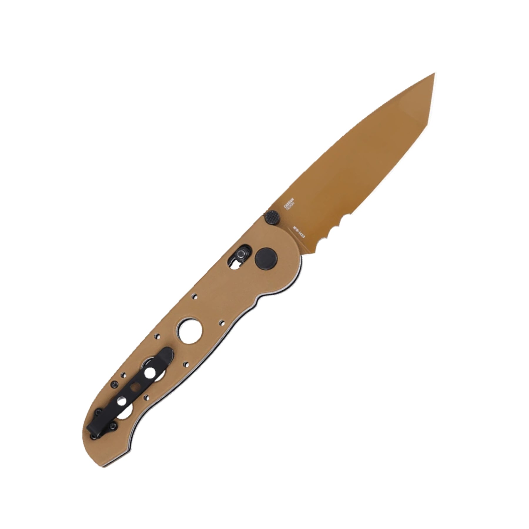 CRKT M16 Crossbar Lock coltello chiudibile tattico con lama tanto parzialmente seghettata in acciaio D2, meccanismo di blocco ambidestro e guancette forate alleggerite, ideale per EDC e uso operativo outdoor.