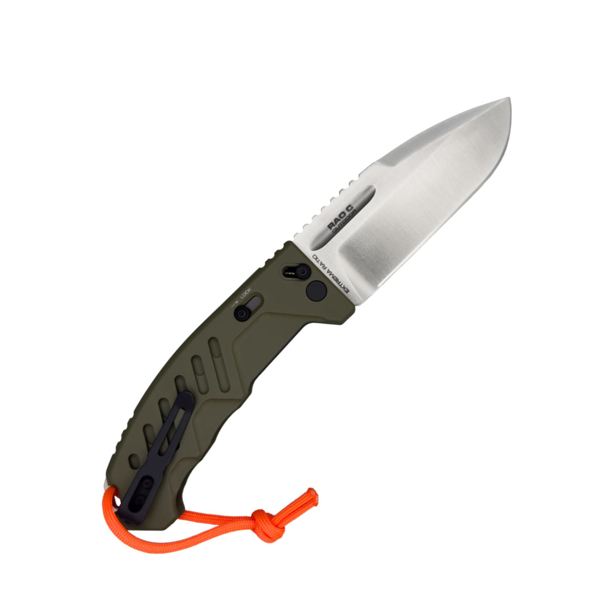 Extrema Ratio RAO C Outdoor. Coltello chiudibile compatto per bushcraft. Lama robusta drop point in acciaio, manico ergonomico in alluminio con grip strutturato, sistema di blocco di sicurezza e clip reversibile. Strumento professionale per sopravvivenza.