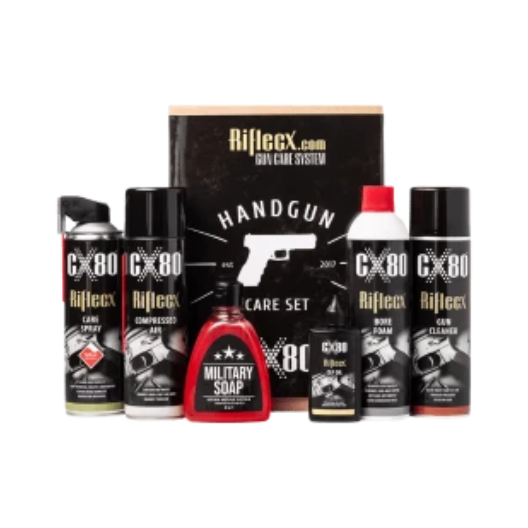 Kit completo di manutenzione per armi corte e pistole Riflecx Handgun Care Set, include Care Spray, aria compressa, sapone militare (Military Soap), Bore Foam, Gun Cleaner e olio CLP Oil, confezione regalo per la pulizia e la cura completa dell'arma corta