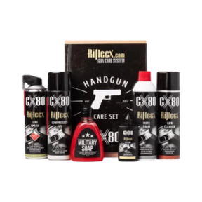 Kit completo di manutenzione per armi corte e pistole Riflecx Handgun Care Set, include Care Spray, aria compressa, sapone militare (Military Soap), Bore Foam, Gun Cleaner e olio CLP Oil, confezione regalo per la pulizia e la cura completa dell'arma corta
