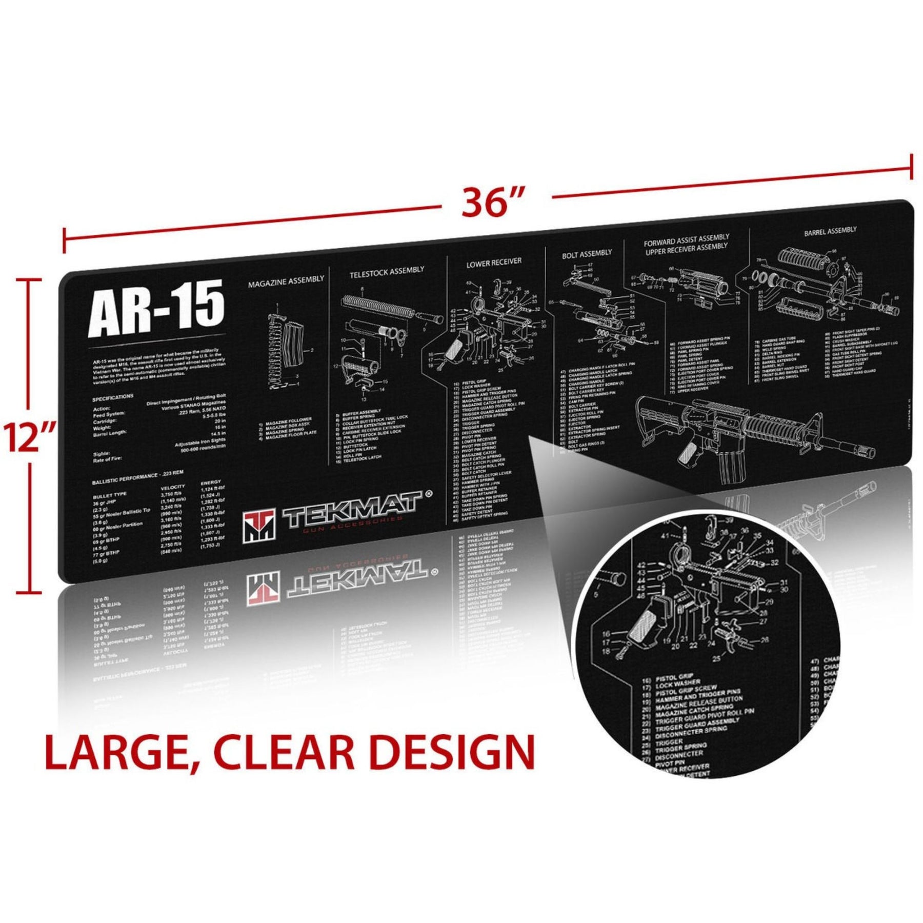 TekMat AR15 Gun Cleaning Mat tappetino per manutenzione armi con vista esplosa e specifiche tecniche dei gruppi di assemblaggio del fucile per banco da lavoro