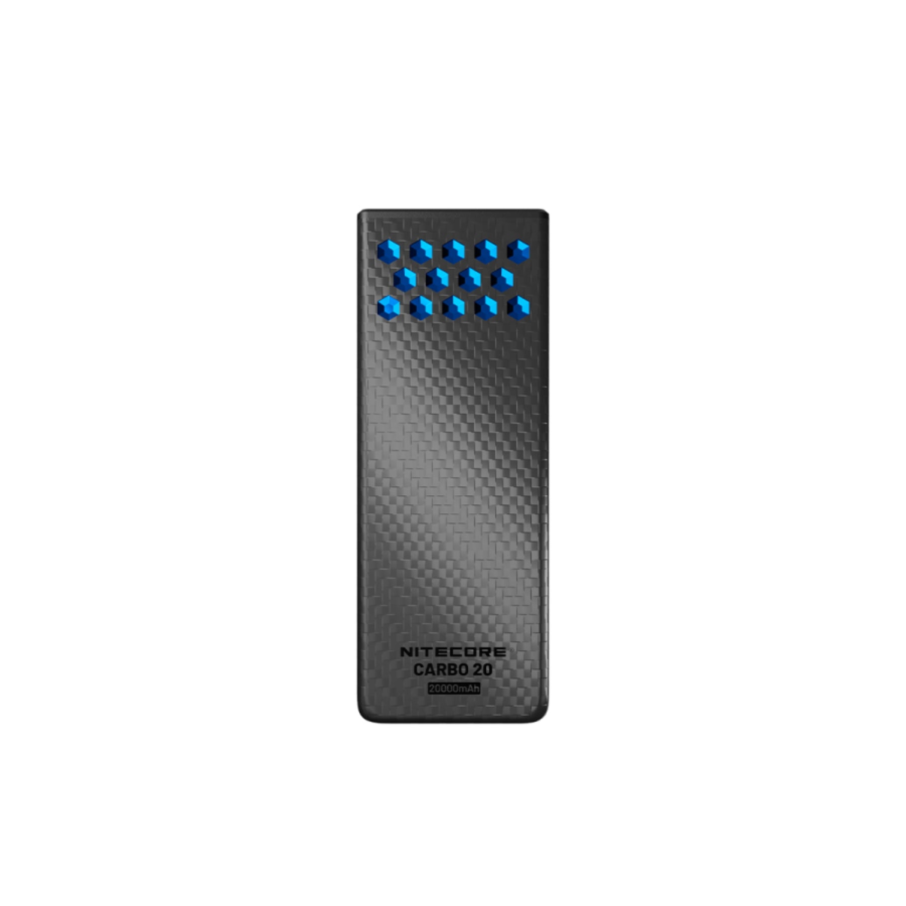 Nitecore Carbo 20 power bank ultraleggero in fibra di carbonio da 20000mAh. Scocca resistente con trama a nido d'ape e indicatori luminosi di carica, ideale come riserva di energia per dispositivi durante trekking ed escursioni outdoor.