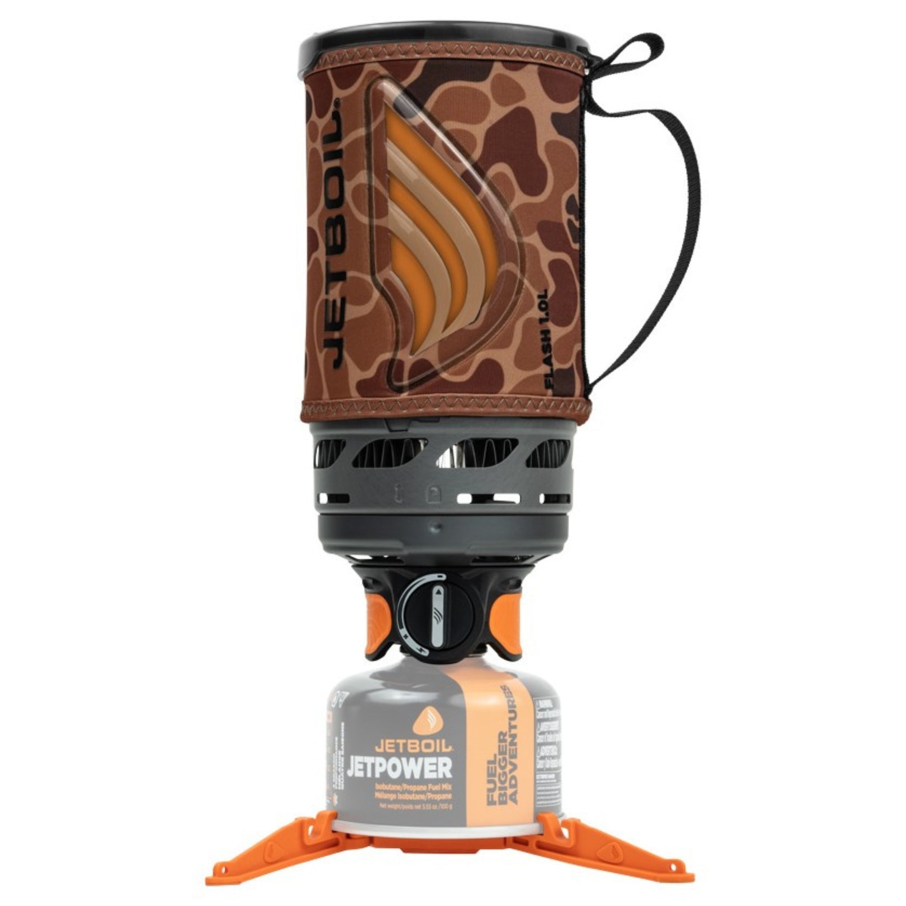 Jetboil Flash Fast Boil System fornello a gas da campeggio con tazza integrata da 1.0L munita di custodia isolante e indicatore termocromatico di ebollizione poggiato su cartuccia di combustibile Jetpower stabilizzata da treppiede per escursionismo e outdoor