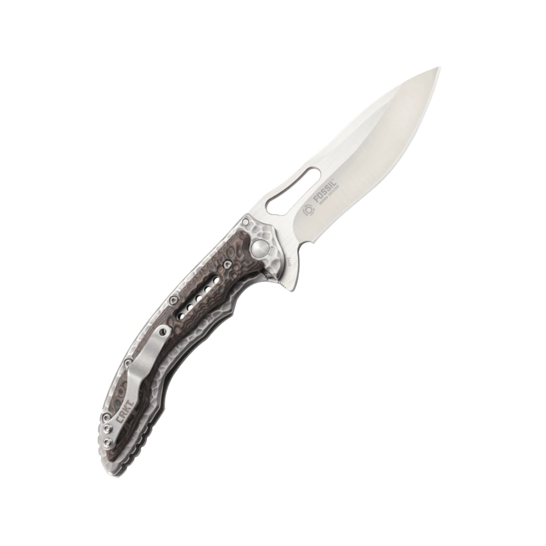 CRKT Fossil coltello chiudibile con apertura flipper su cuscinetti a sfera IKBS, lama drop point in acciaio 8Cr13MoV, guancette con lavorazione martellata e clip da tasca, robusto e versatile per uso EDC, campeggio e attività outdoor.