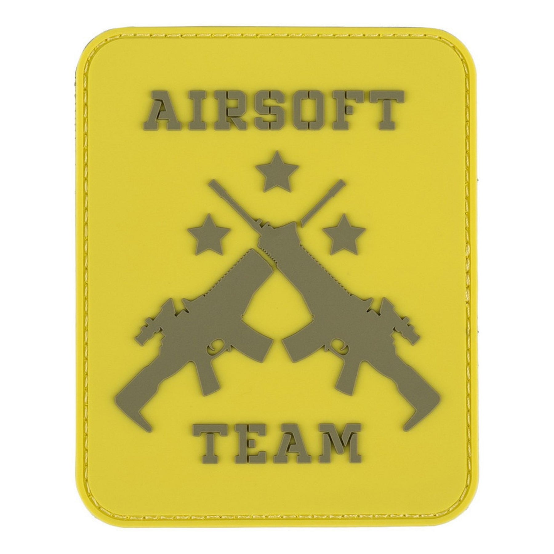 101 INC Airsoft Team Patch tattica disponibile in versione PVC  con retro in velcro o ricamata termoadesiva  caratterizzata da design con due fucili incrociati tre stelle e scritte Airsoft Team in rilievo ideale per softair e personalizzazione di zaini o abbigliamento.
