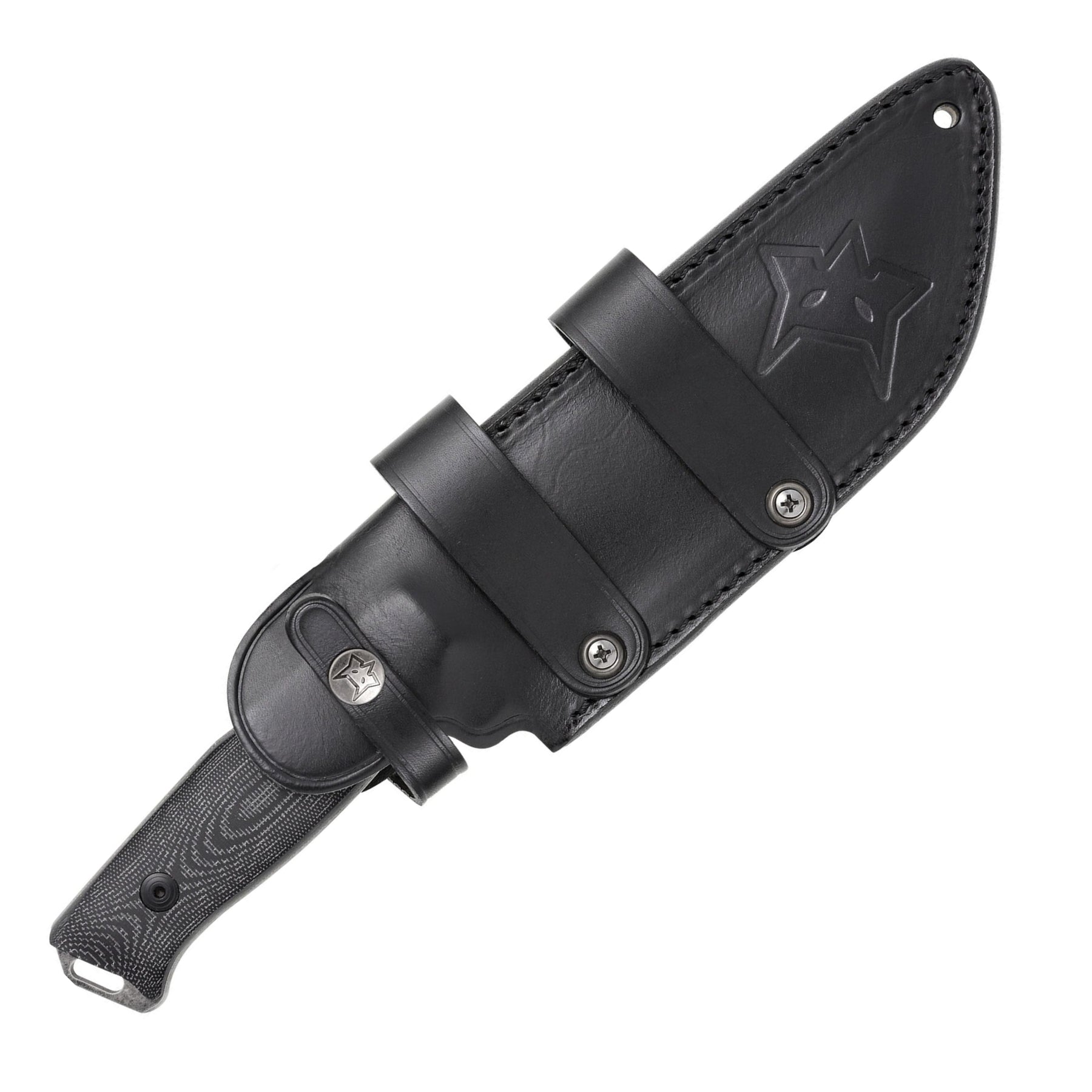 Fox Knives Native Bushcraft coltello a lama fissa full tang con profilo drop point scanalato e logo volpe inciso guancette sagomate con zigrinatura antiscivolo e foro per cordino per outdoor sopravvivenza ed escursionismo