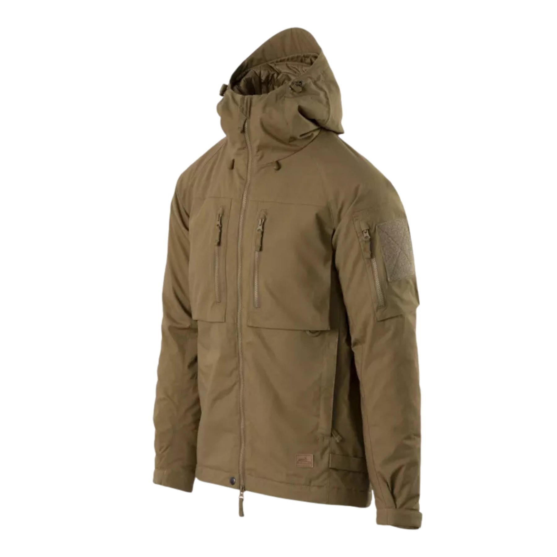 Helikon-Tex Winter Yukon Jacket giacca invernale tecnica con cappuccio regolabile imbottito, zip frontale a doppio cursore, tasche pettorali con cerniera, pannello a strappo sulla manica e fondo regolabile vista a tre quarti per outdoor