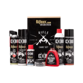 Kit completo di manutenzione per fucili Riflecx Rifle Care Set, include grasso al teflon (Teflon Grease), spray alla grafite (Graphite Spray), aria compressa (Compressed Air), Gun Cleaner, Care Spray e Bore Foam