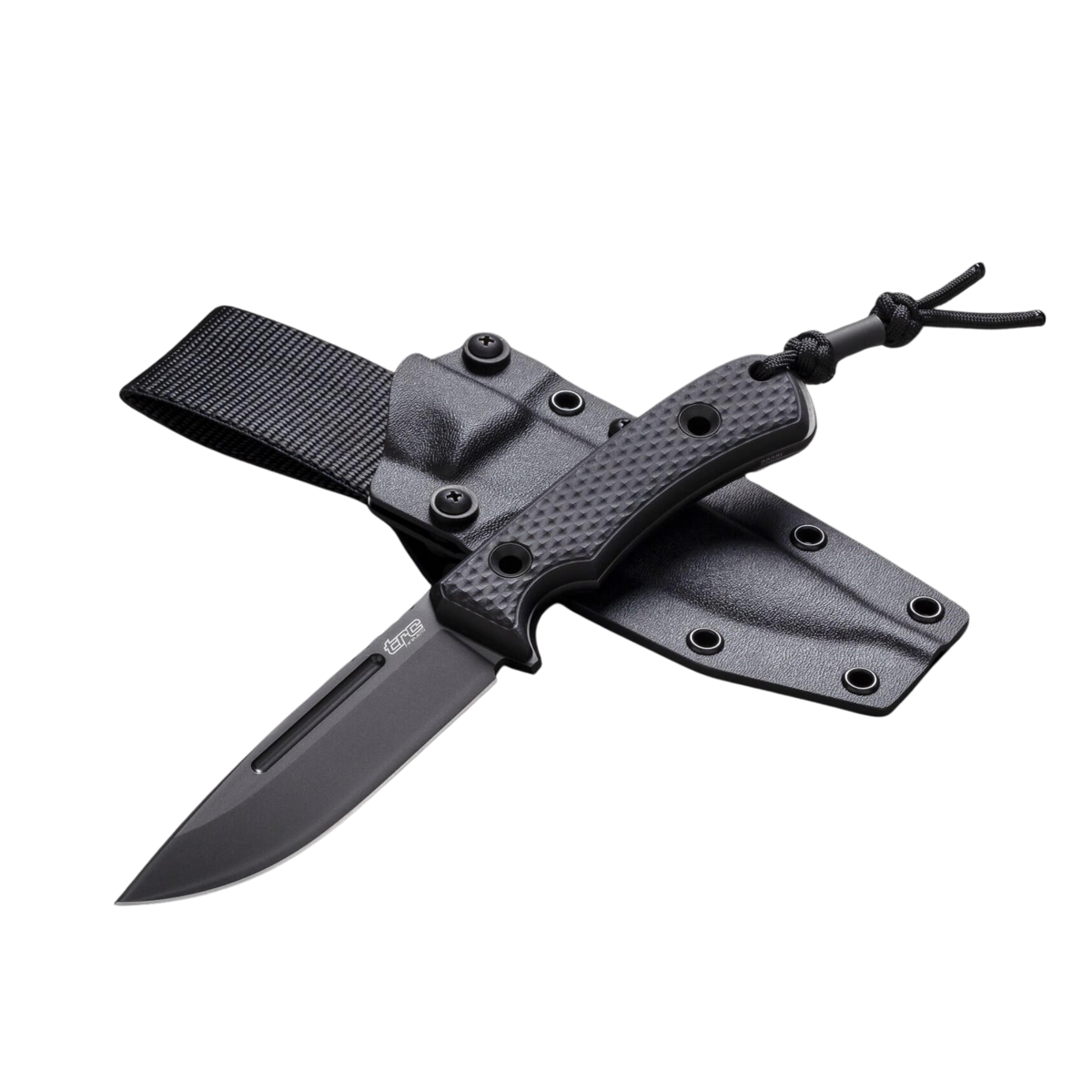 TRC South Pole DLC Black Coltello a lama fissa in acciaio Vanadis 4 extra con rivestimento DLC resistente all'usura e manico in G10. Include fodero Kydex con passante in nylon. Progettato per uso esterno e sopravvivenza in condizioni estreme.