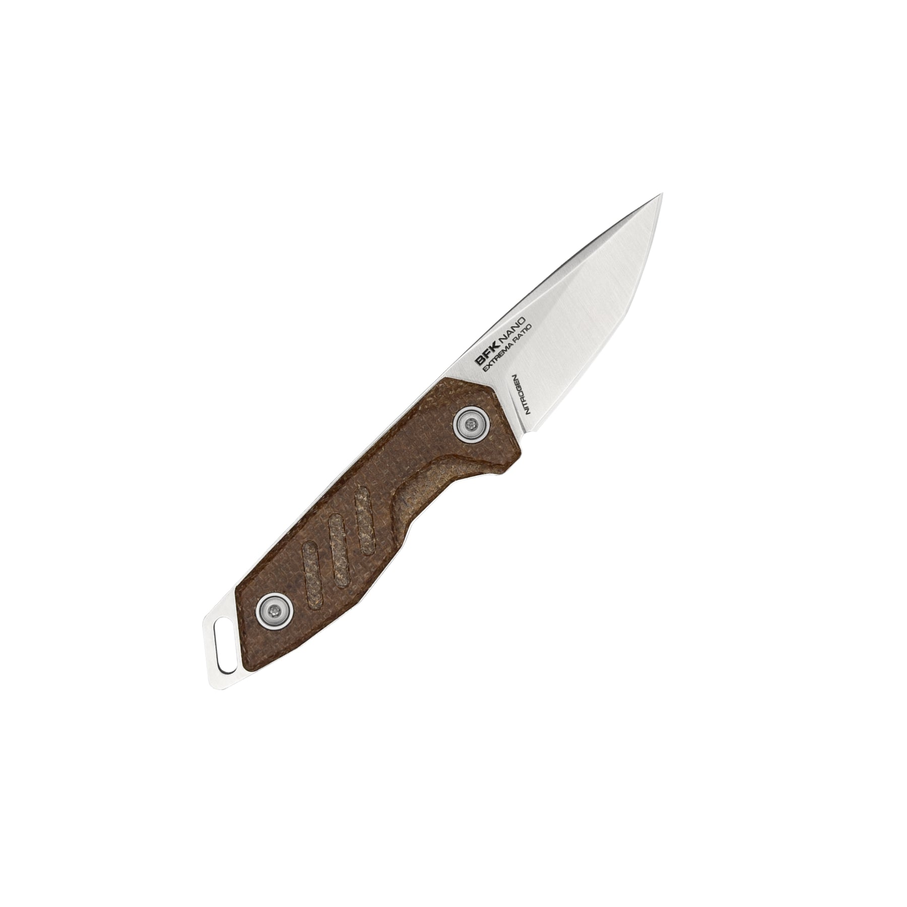 Extrema Ratio BFK NANO coltello a lama fissa neck knife compatto con lama drop point in acciaio, guancette ergonomiche sagomate e foro passante per cordino da porto al collo o EDC tattico