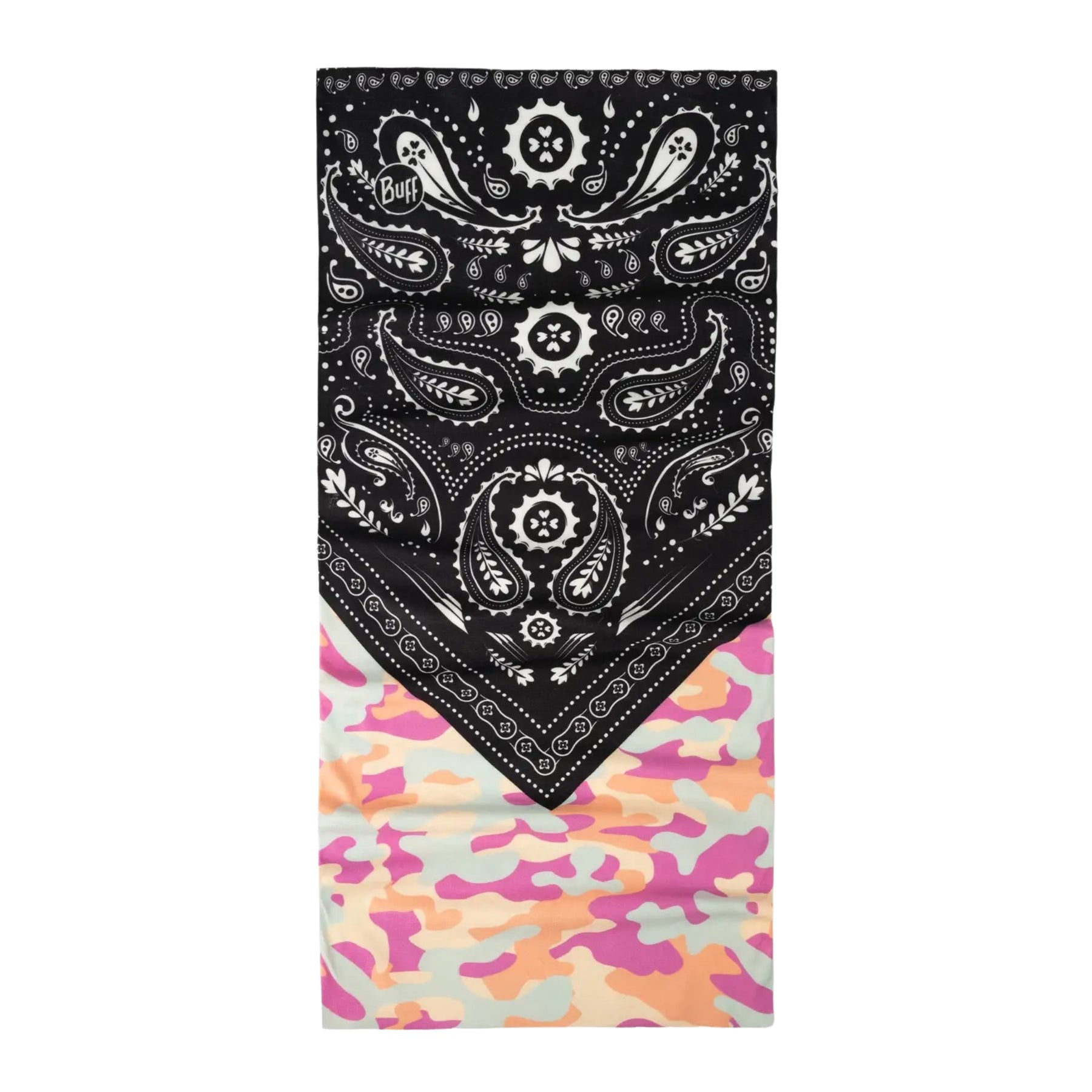 Buff Original EcoStretch Neckwear CAMO CASH PINK scaldacollo tubolare multifunzione con protezione solare. Dettaglio del tessuto tecnico elasticizzato riciclato con grafica ispirata ai profili montuosi delle Dolomiti, posizionato in verticale su sfondo bianco per catalogo e-commerce.